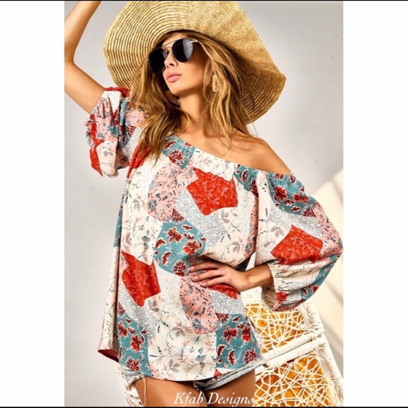 New!Clearance 🔥Boho Floral Patchwork Woven Off Shoulder Ballon Sleeve Soft Top - Picture 14 of 16